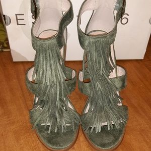 Green Faux Suede Fringed Stack Heel Shoes